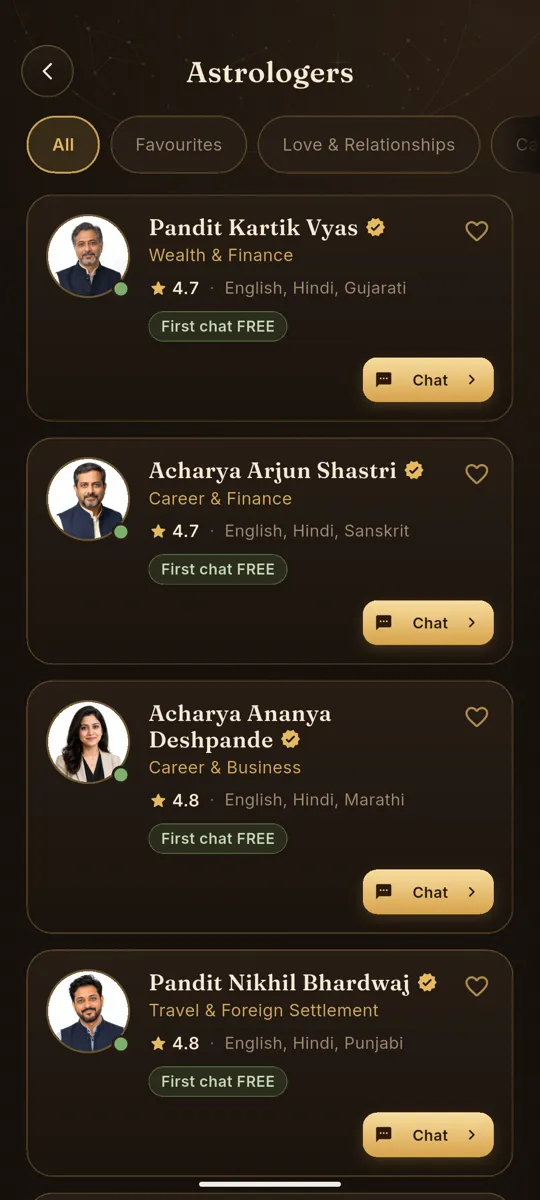 The Jaimini astrologer list, filtered by speciality, each card showing languages and rate
